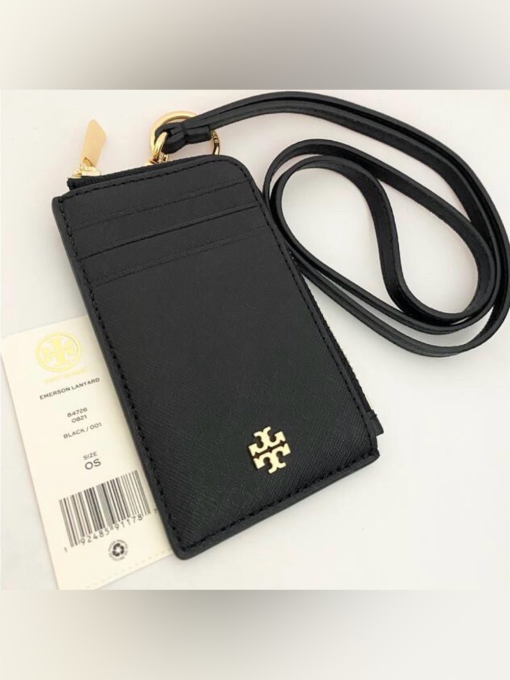 Tory Burch Black Saffiano Leather Card Lanyard with Gold Logo